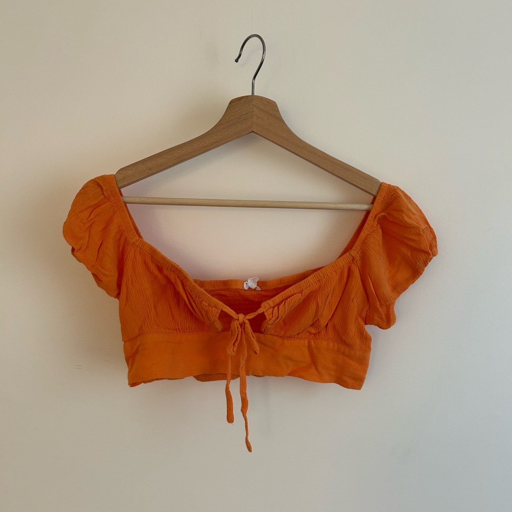 Garage Orange Puff-Sleeve Tie-Front Crop Top